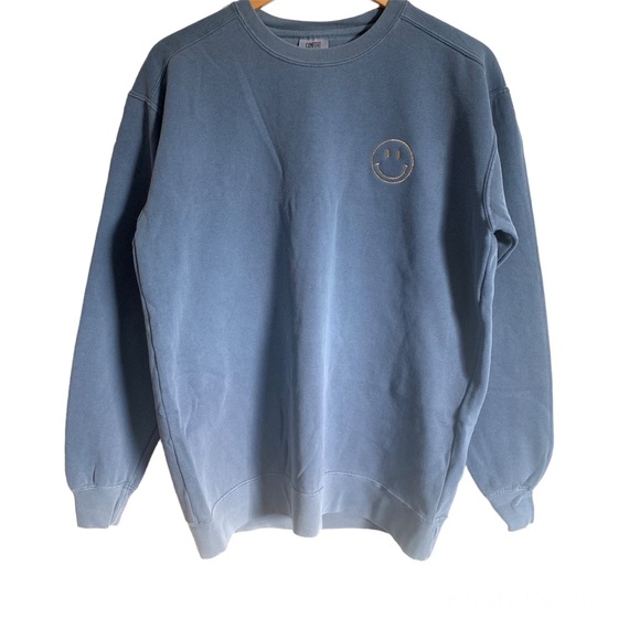Comfort Colors Sweaters - Comfort Colors Vintage Wash Blue Embroidered Smile Happy Face